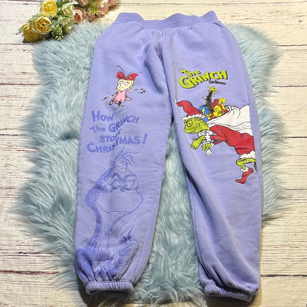 Dr. Seuss Lavender The Grinch Logo Sweatpants sz XS